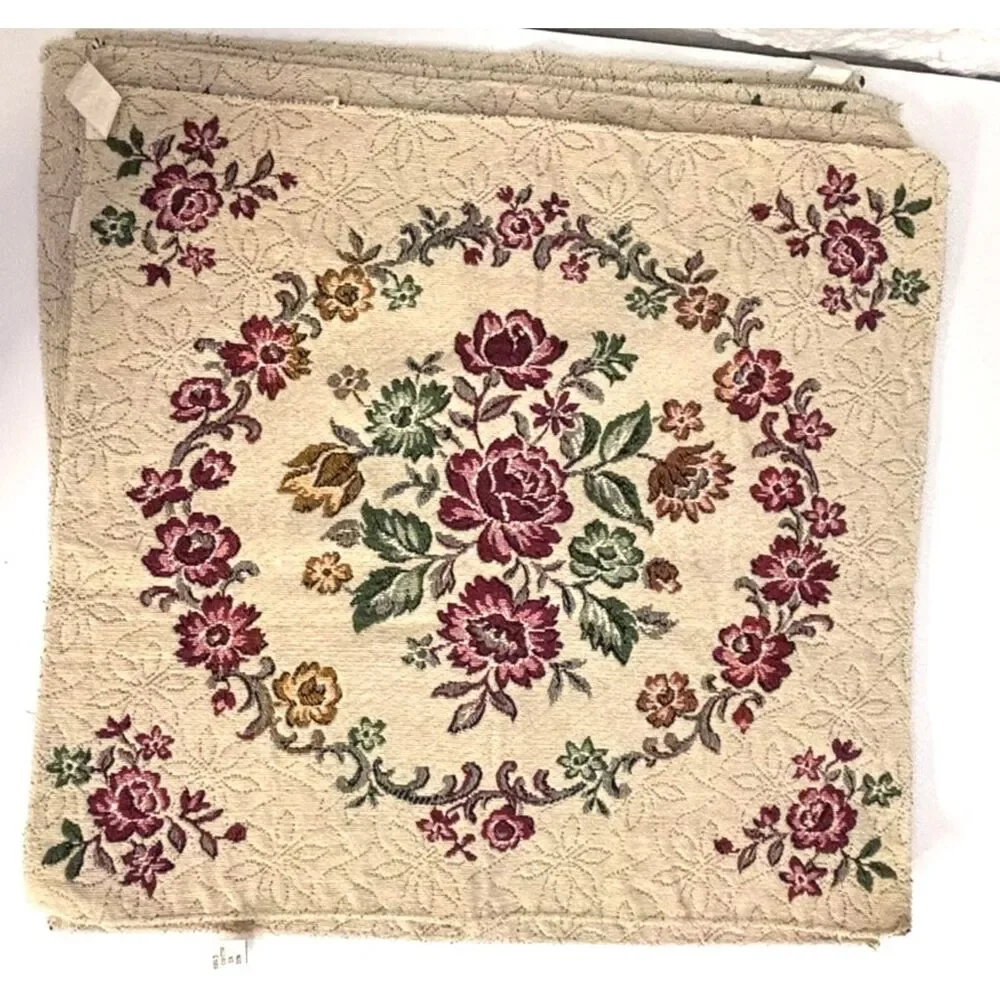 Vintage Belgian Woven Cotton Tapestry Squares Set Floral Aubusson Medallion